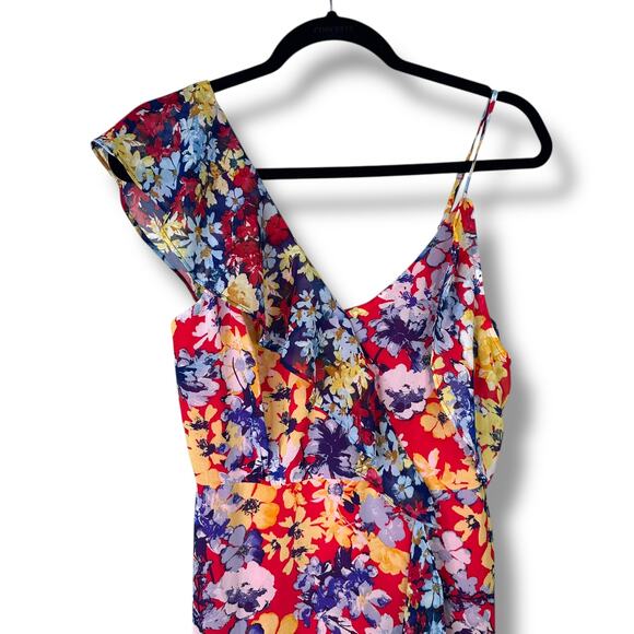 Lulus NWOT Radiant Ruby Red Floral Print Chiffon Asymmetrical Maxi Dress Small - Picture 5 of 11